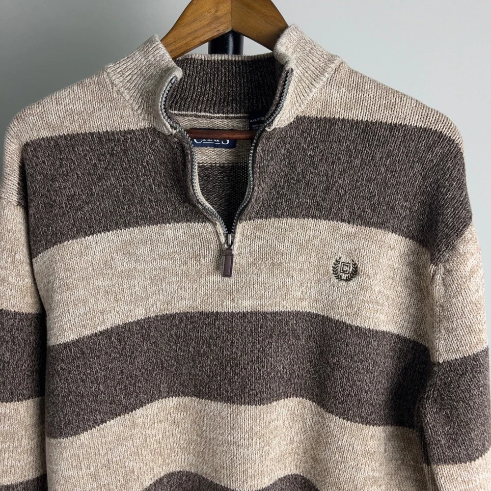 Chaps Mens XXL Brown Tan Striped 1/4 Zip Cotton Knit Mock Neck Sweater Pullover